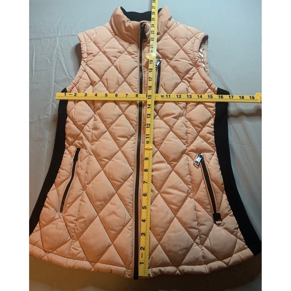 Calvin Klein Women Quilted Vest Beige Black Zip Pockets Rib Knit Sides Size S - Picture 5 of 8